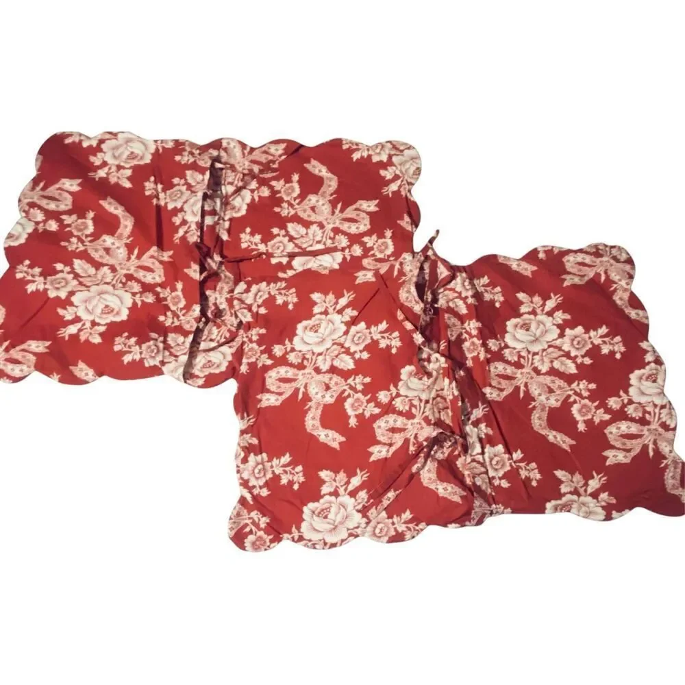 Red Floral Quilted 3 Pillow Shams Cottagecore French Country Scalloped Heloise